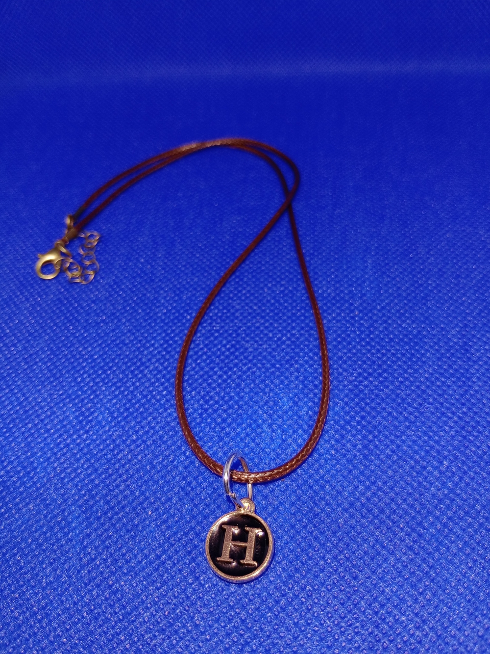 Initial H Pendant Necklace on Brown Cord